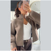 Women Solid Cropped Zip‑Up Knit Jacket Stand Collar Zipper Long Sleeve Loose Short Sweater Autumn Casual Commute Outerwear