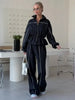 Women Black Track Suit Jacket Two Piece Suit Zip Up Cinch Waist Coat Wide Leg Pants Lady Autumn Street Matching Set