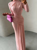 Folds Maxi Dress Women o-Neck Full Sleeve Solid Banquet Elegant Vacation Autumn Skinny Casual Simple Vestidos