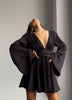 Elegant Party Satin Flare Long Sleeve Dress Women's Sexy Deep V Neck Solid Color Higt Waist Dresses Autumn short skirts