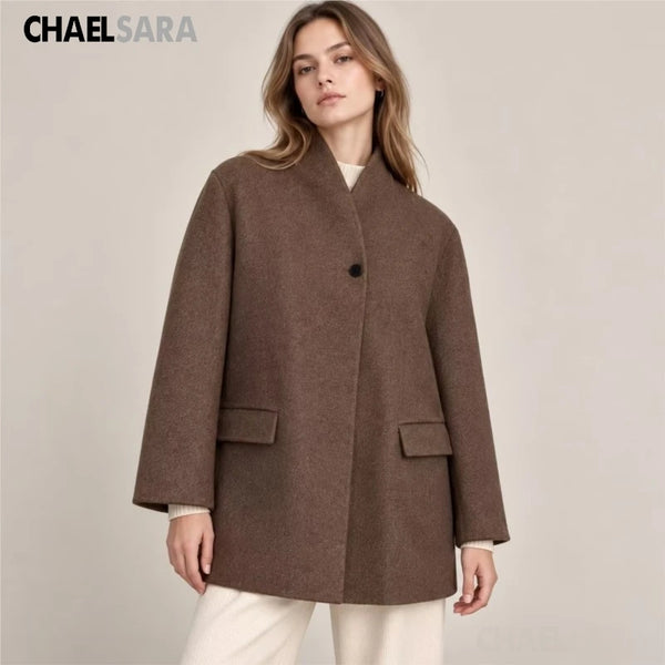 Women's Autumn Winter Vintage Pockets Wool Blazer Coat Casual Solid Long Sleeves Loose Outerwear Ladies