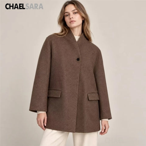 Women's Autumn Winter Vintage Pockets Wool Blazer Coat Casual Solid Long Sleeves Loose Outerwear Ladies