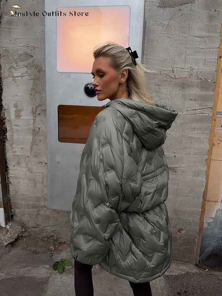 Solid Hooded Quilted Padded Coats Women's Drawstring Zipper Pockets Stand Collar Thicken Jackets Ladies Winter Outwear
