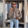 Women Faux Suede Cropped Jacket Stand Collar Snap Button Epaulet Detail Long Sleeve Loose Moto Outerwear Edgy Fall Daily Jackets