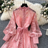 Women Elegant Floral Emboridery Dress Hollow Out Long Sleeve Single Breasted Belt French Court Chic Short A Line Dress