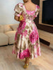 Women's Floral Print Plus Size Midi Dress Sweetheart Neck Puff Sleeve A-Line Elegant Party Cocktail Vitnage Evening Dresses