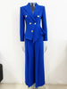 High Street Designer Blazer Suit Women's Rose Buttons Asymmetrical Blazer Straight Pants Set 2pcs