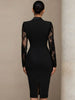Elegant Lace Sexy Slim Dress for Women's Long Sleeve Satin Notched Collar Hollow Out Office Lady Spring Casual Dress