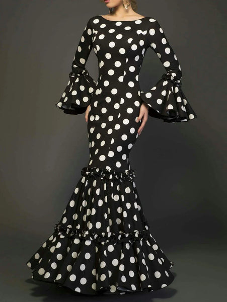 Elegant Ladies Dress Trumpet Sleeves Polka Dot Decoration Cascading Ruffle Hem Sexy Fishtail Ladies Evening Dress