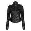 Women Fitted Black Faux Leather Biker Jacket Slim Waist Zip Up Moto Coat Y2K Streetwear