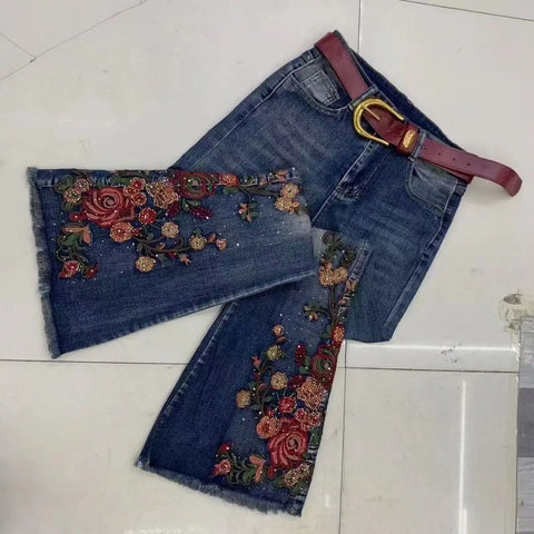 Autumn Winter Large Size Heavy Industry Embroidered Jeans Drilled High Waist Stretch Denim Pants Women Micro Jeans