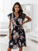 Women's Fly-sleeve Waist Floral Pleat Dress Women's Casual Print Dress Temperament V-neck Dress Woman