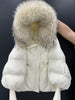 Lagabogy Winter Large Real Fur Hooded Puffer Jacket Women White Duck Down Mid Long Parka Thick Warm Knitted Sleeve Coat