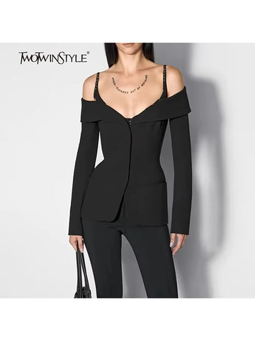 Solid Chic Designer Jackets For Women Slash Neck Long Sleeve Tunic Temperament Elegant Jackets Female Style