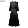 Womens Elegant Satin Silk Party Dresses O-Neck 3/4 Sleeve A-Line Long Pleated Dress Solid Color Guest Evening Robe Femme