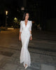 Women White Floral Print Maxi Dress V Neck Puff Sleeve Peplum Waist Fishtail Hem Chiffon Robe Elegant Party Wedding Guest Gown
