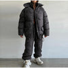 Women's Stripe Cotton Padded Coat Pant Set Loose Full Sleeve Hooded Zipper Jacket Elastic Waist Pants Winter Suits