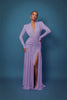 Women Glitter Maxi Evening Dress Deep V Neck Long Sleeve Ruched High Slit Formal Party Dress For Wedding Guest Prom