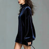 Autumn Women's Velvet Elegant Mini Party Dress Solid High Neck Lantern Sleeve Loose French Dress Female Chic Dresses