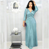 Elegant Women's Long Dress Long Sleeve Bronzing Pleated Dress With Belt High Waist V-neck Party Dresses Robe Femme