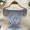 Pink Solid Button Front Spaghetti Dress Sexy Knit Slash Neck Mini Dress Bodycon Women's Clothing Outfits Ruffles