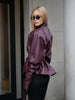 Lady Retro Burgundy Belted Leather Jacket Solid Stand Collar Long-sleeved Cropped Coat Women Daily Street Outerwear