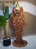 Women Floral Tie Dye Print Stacked Ruched Long Sleeve A-line Maxi Long Dress Birthda Party Education Dresses