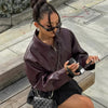 Vintage Wine Red Loose Short Leather Jacket Women Lapel Long Sleeves Zipper Cropped Coat Autumn Lady Street Outwear