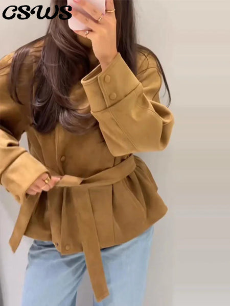 Elegant Suede Belt Women's Jacket Loose Full Sleeve Stand Collar Single Breasted Lace Up Jacket Female Autumn Coat