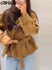 Elegant Suede Belt Women's Jacket Loose Full Sleeve Stand Collar Single Breasted Lace Up Jacket Female Autumn Coat
