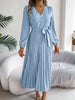 Spring Autumn Elegant Buttons V Neck Lantern Long Sleeve Lace Up Pleated Dress Khaki Blue Red Green Black Women Dresses