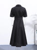 Elegant Belt Women Long Black Dress Full Sleeve Pleated Lapel Waist-Closed Female A Line Dresses Spring Lady Robes