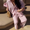 Loose Plaid Shirt Pants Two-piece Set Three Quarter Sleeve Oversize Blouses Wide Leg Pants Suit Women Casual Sets