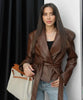 Burgundy PU Jacket Women Autumn Slim Lace Up Blazer Top Fall Casual Leather Jackets Coat Femme