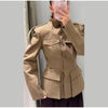 Women's Jacket Slim Fit Stand Collar Tailored Epaulets Flap Pockets Single Breasted Button Down Blazer Coat Spring Outwear