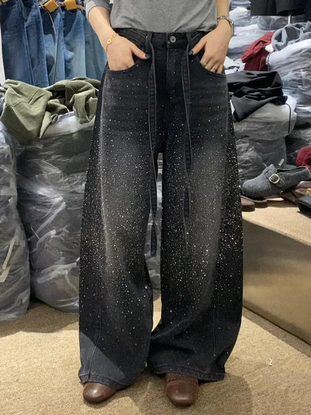 Glittering Rhinestone Denim Pants Women's Jeans Wide Leg Design Sensation Floor-Length Pants loose jeans