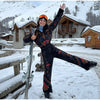 Printed Hooded Puffer Coat Suspender Ski Pants Zip‑Up Slim Fit Winter Women Snow Outfit Warm Lady Two‑Piece Ski Set