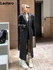 Spring Autumn Extra Long Black Loose Pu Leather Trench Coat for Women Shoulder Pads Double Breasted Faux Leather Blazer