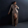 Women Two-Piece Set Turn‑Down Collar Long Sleeve Cinched Waist Blazer Maxi Fringe Slit Skirts Elegant Chic Outfits