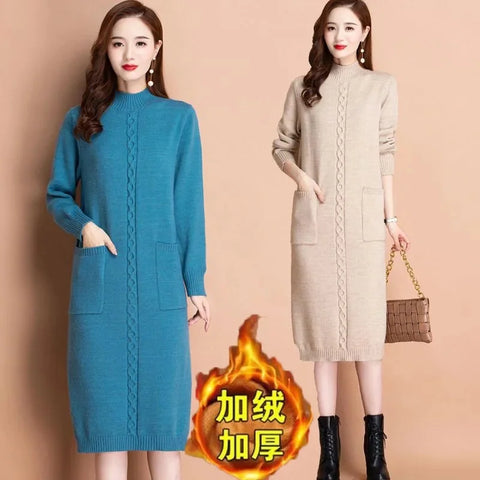 Autumn Winter Women Knit Dress Long Sleeve Party Midi Dress Ladies Half High Collar Loose Elegant Knitted Sweater Dresses