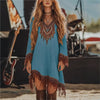 Spring Fall Tassel Ethnic Retro Print Women's Dress Vintage Sexy V Neck Holiday Midi Dresses For Women