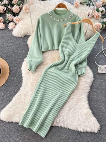 Winter Women Knitted Sets Breading Long Sleeve Pearl Sweater+Knitted Camis Dress Sets Sweater Suits