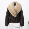 Ladies Winter Retro Fur Collar Leather Jacket V‑Neck Full Lapel Long Sleeve Double Breasted Urban Warm Casual Outer