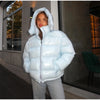 Women Solid Hooded Glossy Padded Jacket Long Sleeve Stand Zipper Fluffy Warm Coat Autumn Winter Chic Casual Street Jackets
