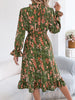 Elegant Floral Print Dresses for Women Autumn Winter Casual V Neck Flare Long Sleeve Ruffled A Line Dress