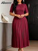 Women's Elegant Pleated Maxi Dress Burgundy O Neck Half Sleeve Fold Flowy A-Line Skirt for Church Weddings Formal Event