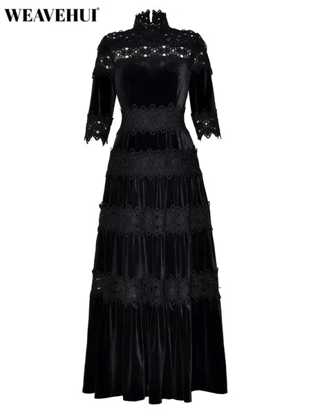 Women's Velvet Maxi Dress Hollow out Stand Collar Half Sleeve Elegant Party Spring