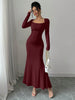 Women's Four Seasons Women's Elegant Temperament Retro Solid Color Square Collar Long Sleeve Dress