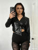 Faux Leather Single Button Crop Jacket Women Autumn Cross Neck Full Sleeve Wild Style Classic Streetwear Coat