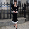 Velvet Lace Patchwork Dress Square Collar Waist Cinched Slim Fit Party Gown Robes Elegant Women Wrap Hip Fishtail Long Dresses